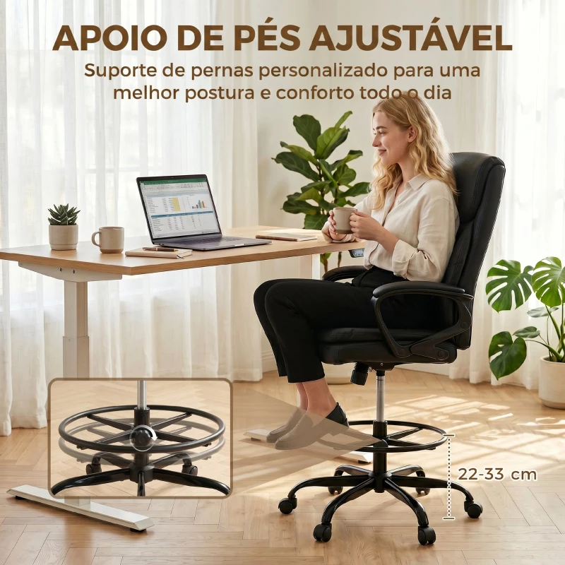 HOMCOM Cadeira de Desenho Cadeira de Escritório Ergonómica Giratória com Altura e Descanso para os Pés Ajustável Preto