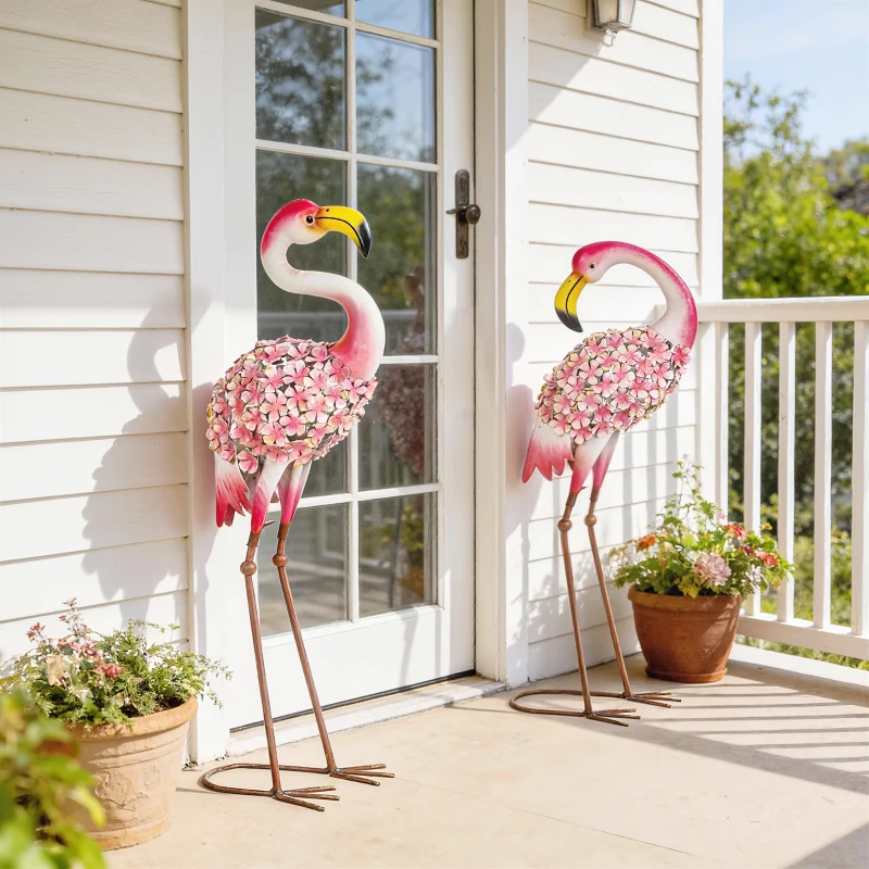 Outsunny Flamingo Gartenstatuen Set aus 2, Florale Feder-Metallvögel, Stehende Skulpturen mit Bodenankern, Rot