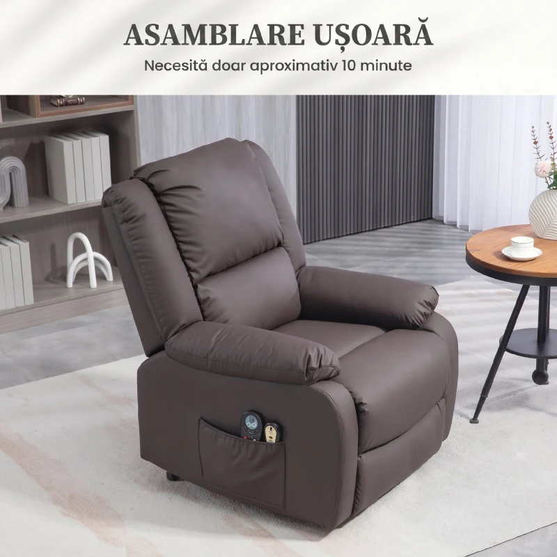 HOMCOM Fotoliu Relax Reclinabil cu Funcție de Ridicare la 155°, 8 Puncte de Masaj și Încălzire, Maro