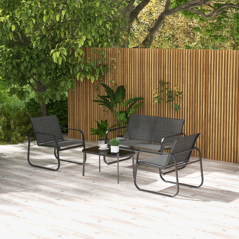 Outsunny Salon de jardin 4 pièces avec 2 fauteuils 1 canapé 2 places d'extérieur et table basse plateau en verre trempé