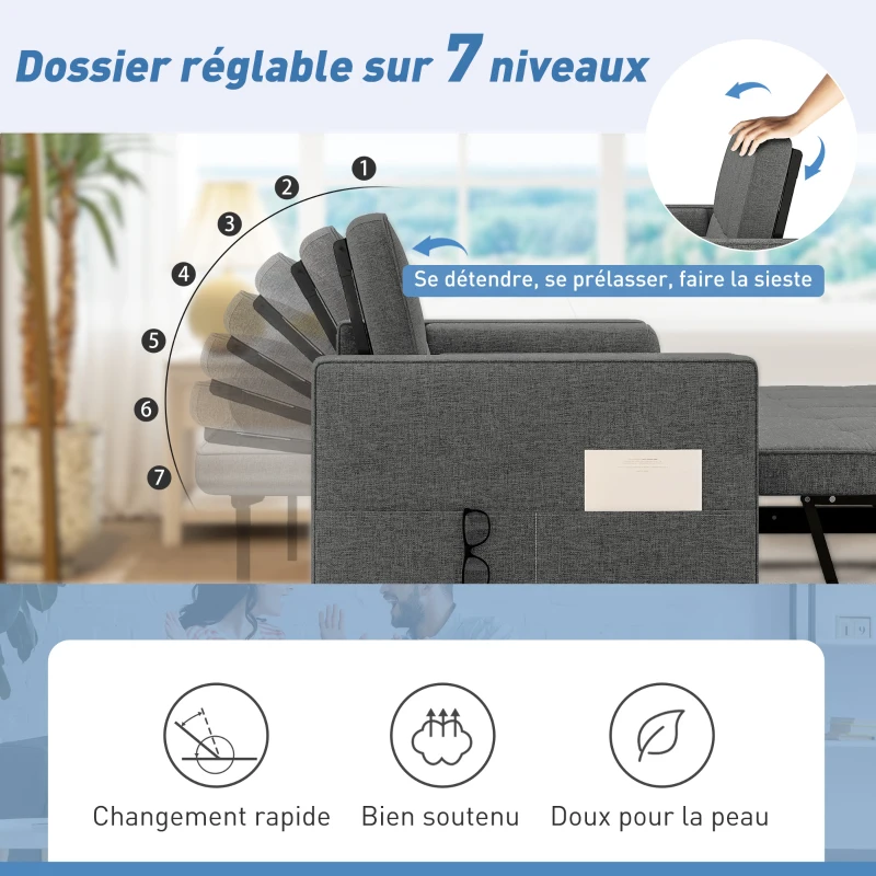 HOMCOM Canapé convertible 2 places 3 en 1 canapé-lit avec lit gigogne double dossier réglable 2 coussins 80,5x137,5x84cm gris