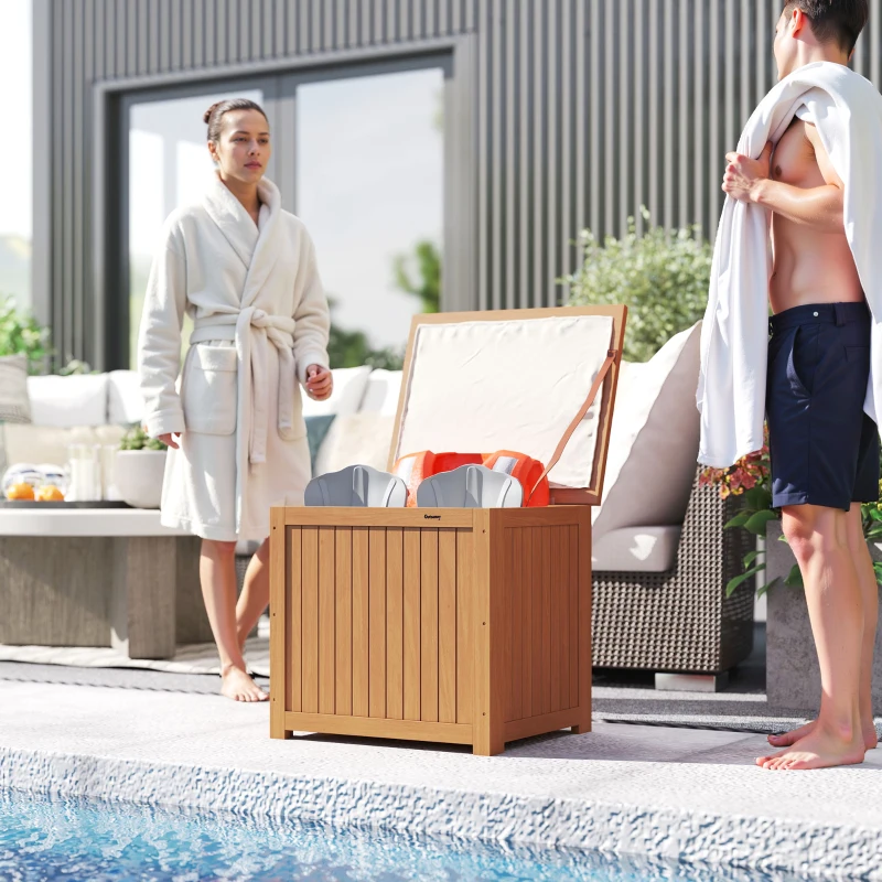 Outsunny Baú de Exterior em Madeira 130L Arca de Armazenamento com Forro Tampa Articulada e Correia 63x51x58,5 cm Castanho