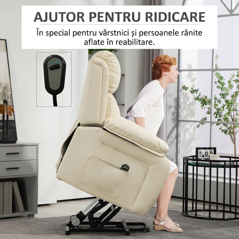 HOMCOM Fotoliu cu Funcție de Ridicare Reclinabil la 160° cu Suport pentru Picioare și Telecomandă, din Piele PU și Oțel, 76x90x105 cm, Crem