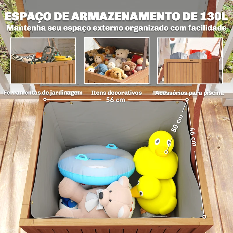 Outsunny Baú de Exterior em Madeira 130L Arca de Armazenamento com Forro Tampa Articulada e Correia 63x51x58,5 cm Castanho