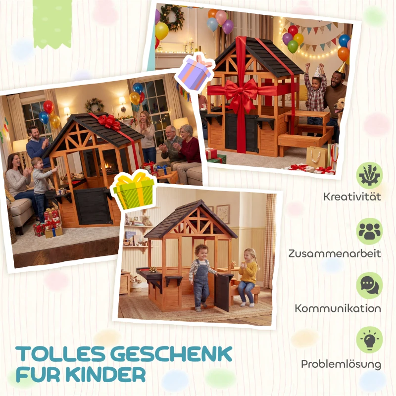 AIYAPLAY Spielhaus Outdoor Holz Kinderspielhaus mit Tisch Bank Spülstation Fenster Tür Blumenkastenhalter für 3-8 Jahre Hellbraun