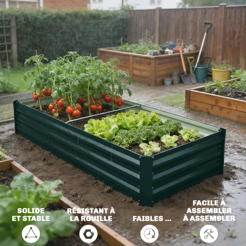 Outsunny Jardinière rectangulaire potager de jardin en acier galvanisé bordure de sécurité et fond ouvert 150x70x30cm vert