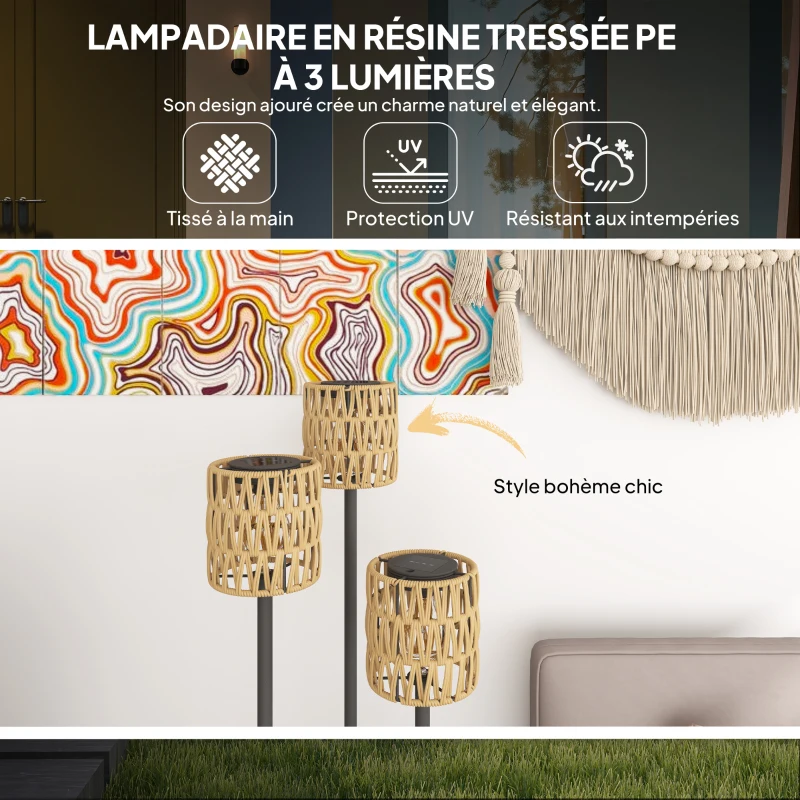Outsunny Lampadaire solaire extérieur en résine tressée, lampadaire à 3 lumières avec capteur et étagère, Ø37 x 144 cm, jaune