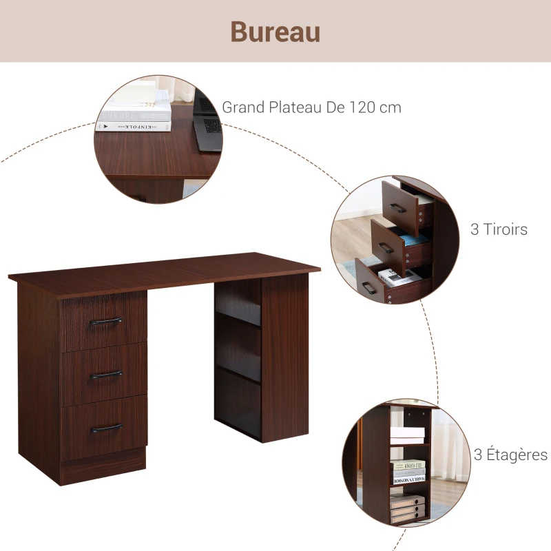 HOMCOM Bureau d'ordinateur réversible, table informatique avec 3 tiroirs et 3 étagères ouvertes, 120 x 49 x 72 cm, noyer