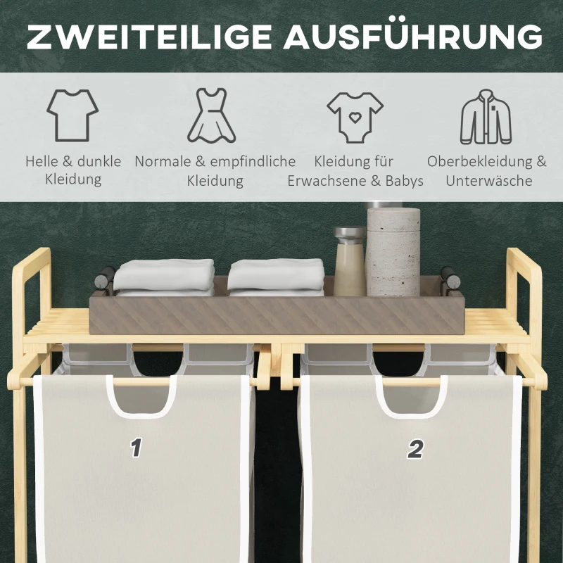 HOMCOM Wäschekorb mit 2 Waschsäcken, 1 Ablage, Bambus, 63,5 cm x 33 cm x 73 cm, Hellgrau + Natur