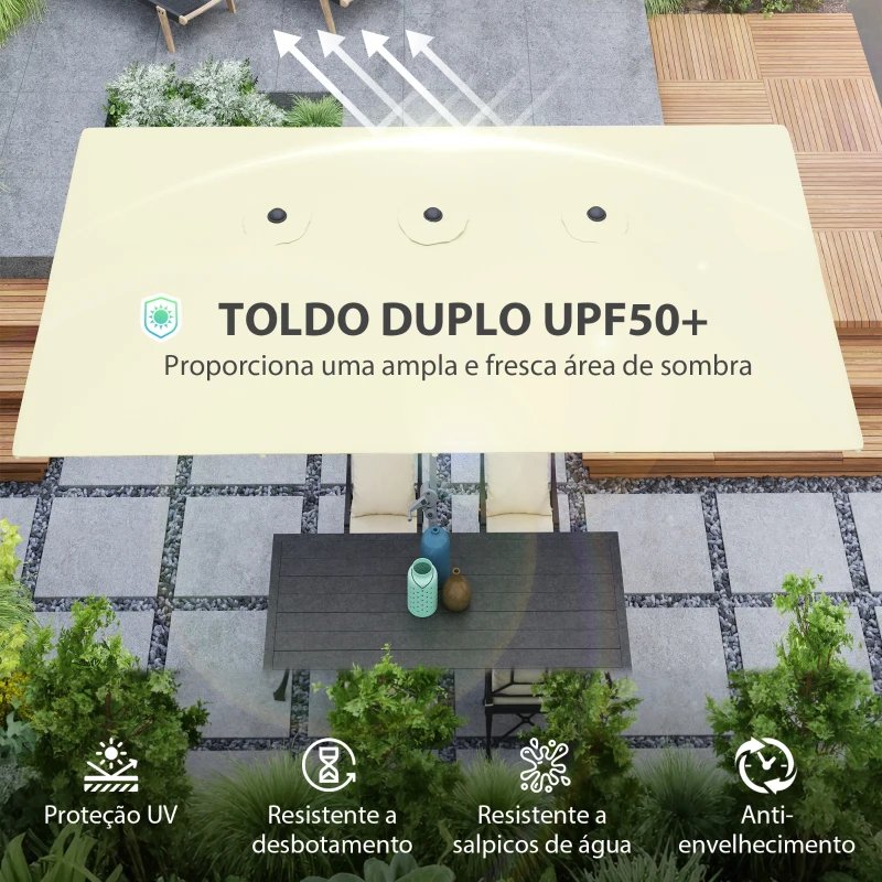 Outsunny Chapéu de Sol Duplo 4,5x2,6 m Chapéu de Sol de Jardim com Manivela Mastro de Alumínio Impermeável e Proteção UV50+ Creme