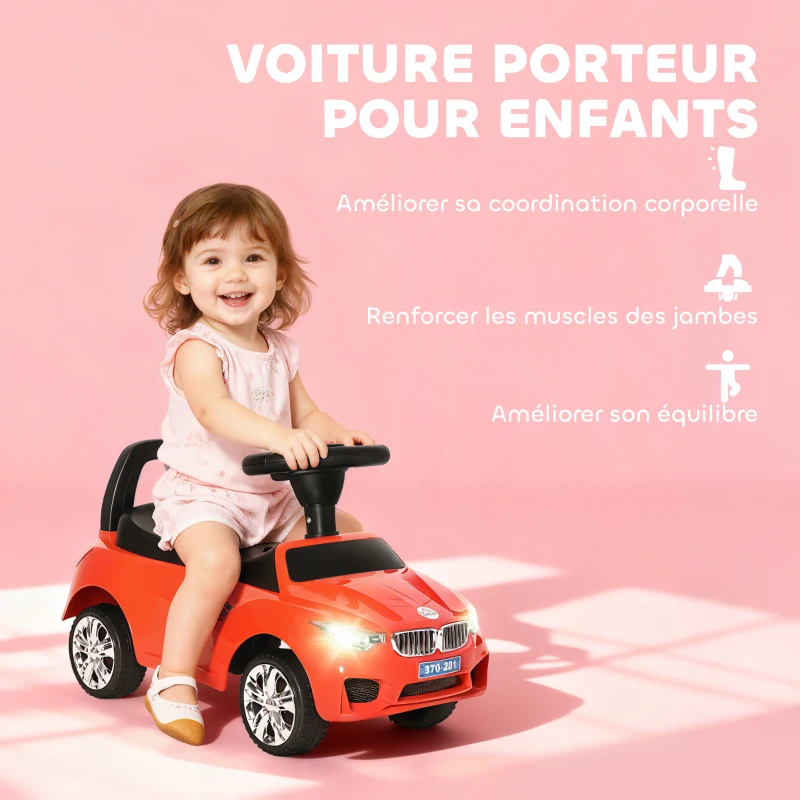 HOMCOM Porteur enfants voiture, véhicule à pousser avec coffre à jouets, klaxon, phares et musique, 63,5 x 28 x 36 cm, rouge