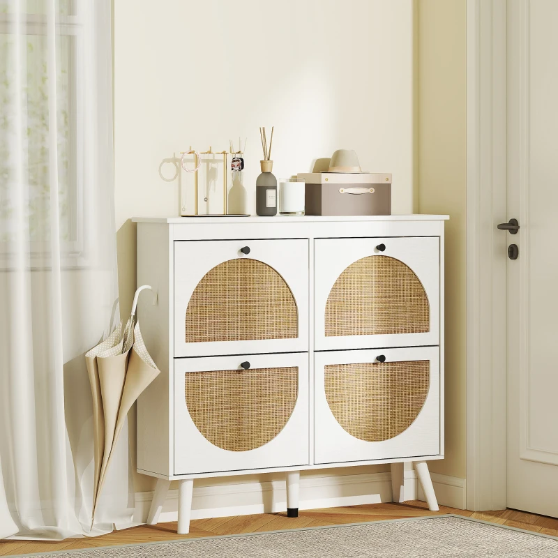 HOMCOM Meuble à chaussures 4 abattants 20 paires étagère réglable style bohème pieds en bois massif 105 x 24 x 97,5 cm blanc