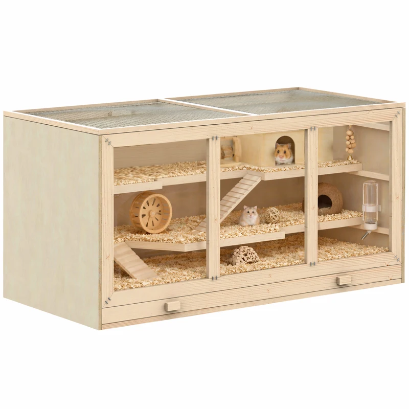 PawHut Hamsterkäfig aus Holz 3 Etagen Nagerkäfig mit reinigbar Ablage Kleintierkäfig mit klappbarem Deckel Treppen Holzkäfig Käfig für Hamster Zwerghamster 115 x 57 x 55 cm Naturholz