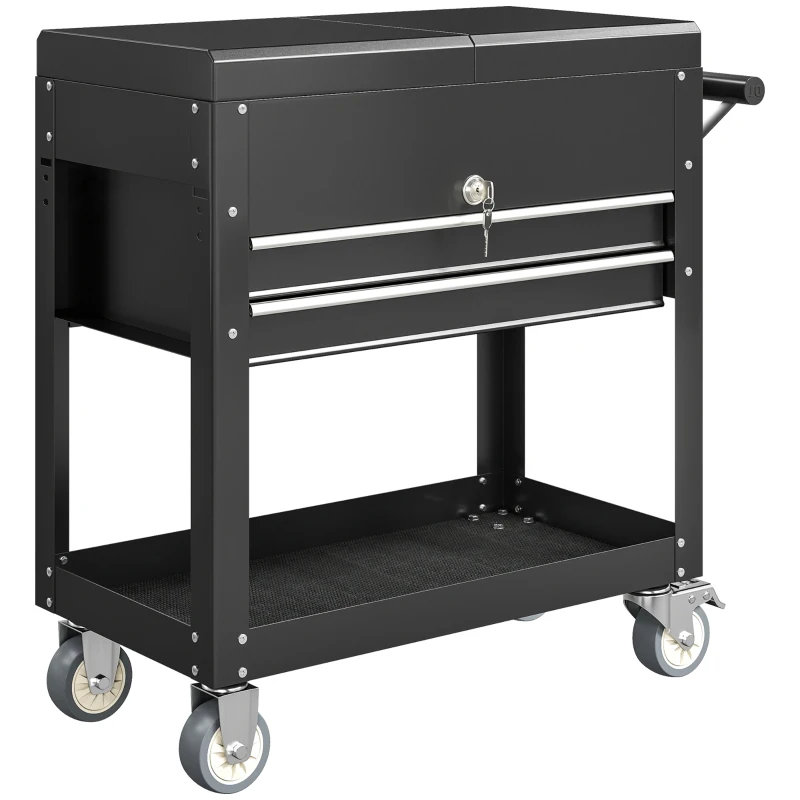 HOMCOM Chariot d'atelier, servante d'atelier sur roulettes avec plateau coulissant, tiroirs verrouillables, 130x38x80cm, noir