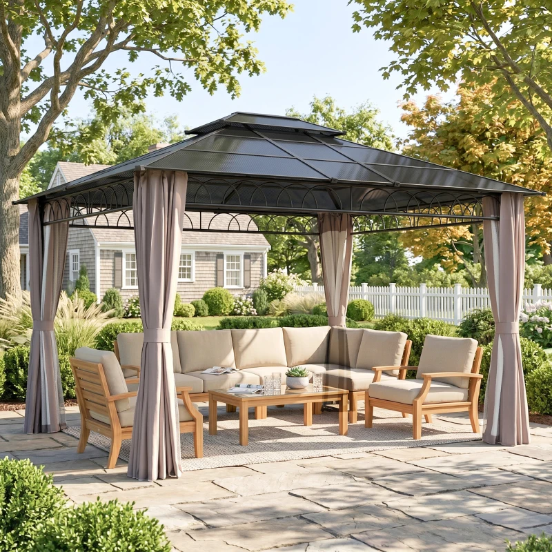 Outsunny 3.6 x 3 (m) Outdoor Polycarbonate Gazebo, Double Roof Hard Top Gazebo with Nettings & Curtains for Garden, Lawn, Patio
