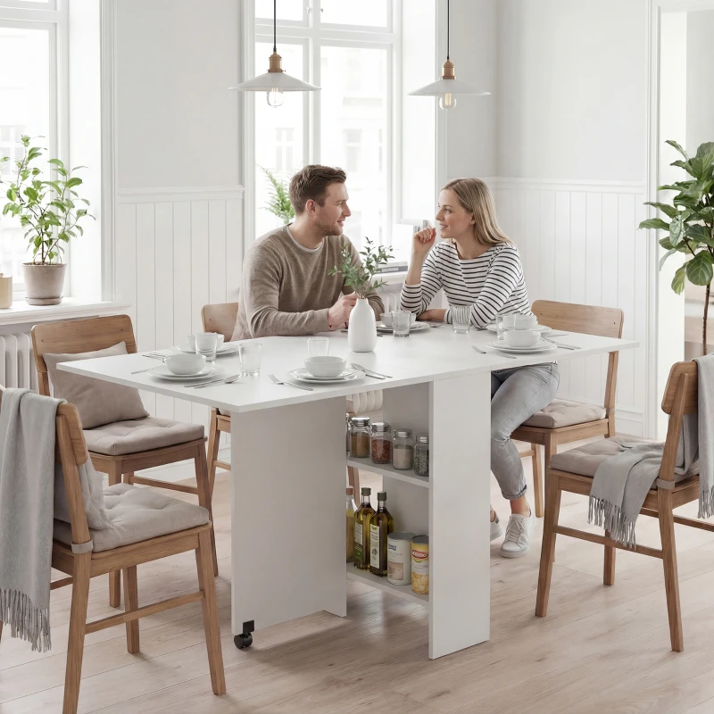 HOMCOM Table pliante de cuisine salle à manger amovible sur roulettes 75L x 140l x 74H cm 2 étagères intégrées en bois coloris blanc