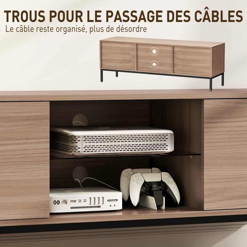 HOMCOM Meuble TV meuble télé pour téléviseur jusqu'à 60 pouces avec 2 portes et étagère en verre réglable 140x40x49,5cm gris