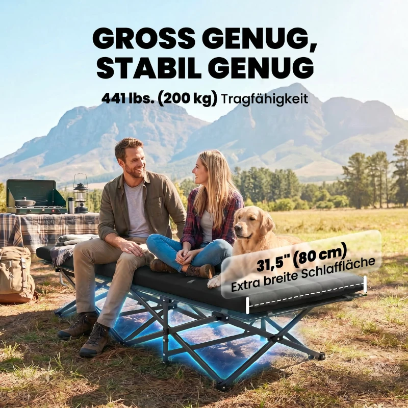 Outsunny Feldbett faltbar Campingbett mit Tragetasche Campingliege bis 200 kg Indoor, Outdoor, 200 x 80 x 40 cm Schwarz