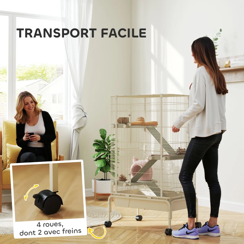 PawHut Cage pour lapin enclos à 4 niveaux avec 2 portes 3 rampes plateau profond roulettes 69 x 44 x 120 cm beige