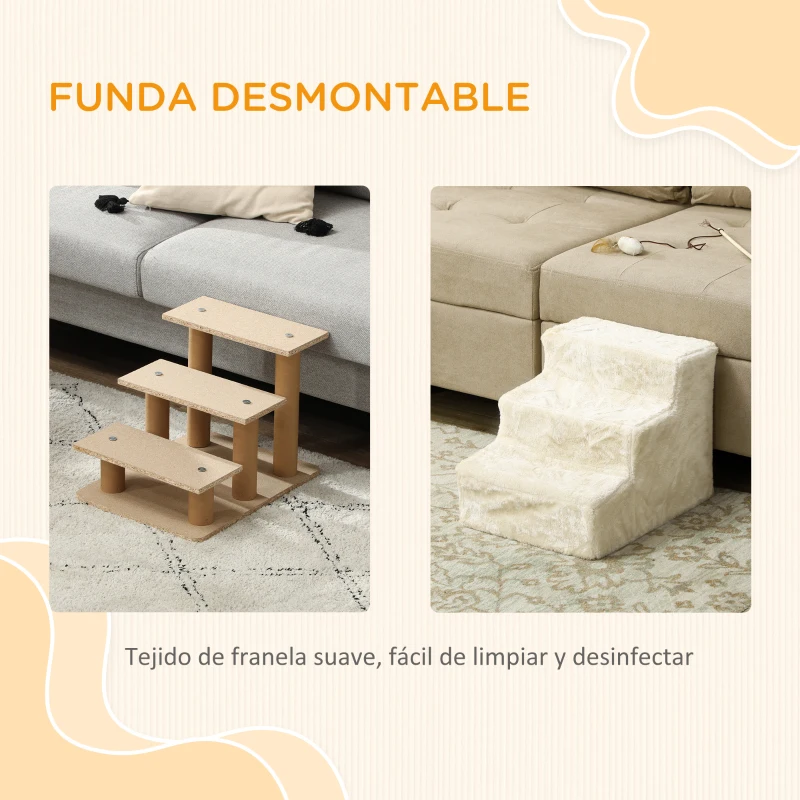 PawHut Escalera para Perros de 3 Peldaños con Funda Extraíble y Lavable Rampa para Perros para Cama Sofá 46x35x35 cm Beige
