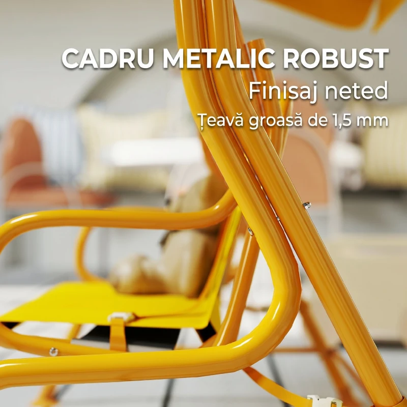 AIYAPLAY Leagăn de exterior pentru copii, cu 2 locuri, acoperiș reglabil și centuri de siguranță, 112x75x120 cm, galben