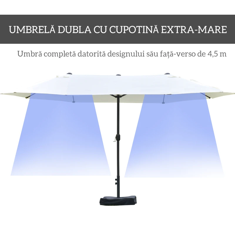 Outsunny Umbrelă Dublă cu 12 Spițe, Bază în Cruce și Manivelă, din Oțel și Poliester, 455x265x238 cm, Bej