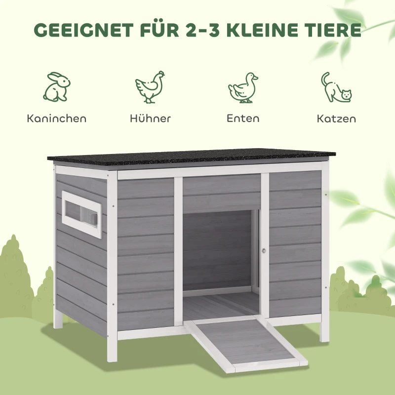 PawHut Entenstall wetterfest Entenhaus aus Holz mit herausnehmbar Boden Schiebefenster aufklappbar Asphaltdach 93x70x72cm Grau