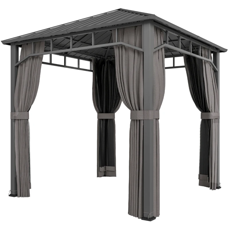 Outsunny 2.5 x 2.5 m Hardtop Gazebo with Galvanised Steel Roof, Waterproof Permanent Pavilion Garden Gazebo with Netting and Curtains for Patio, Deck, Dark Grey