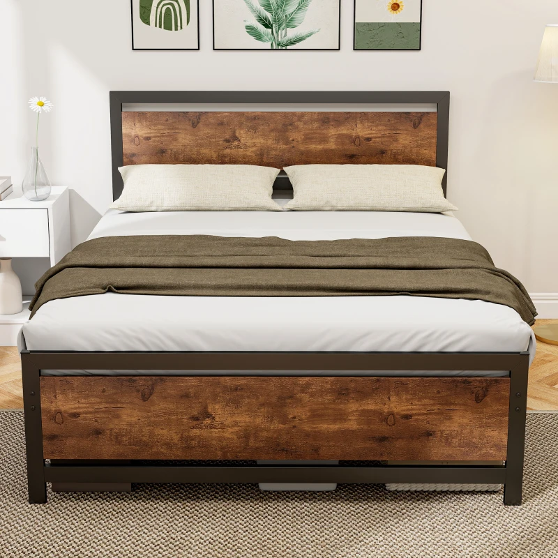 HOMCOM Cadre de lit double en acier avec sommier et tête de lit compatible matelas 190 x 140 cm brun rustique