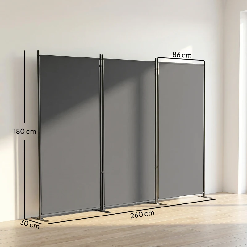 Outsunny Raumteiler 3-teilig 260 x 30 cm Freistehend Paravent Trennwand Sichtschutz aus Metall, Outdoor Raumtrenner Dunkelgrau