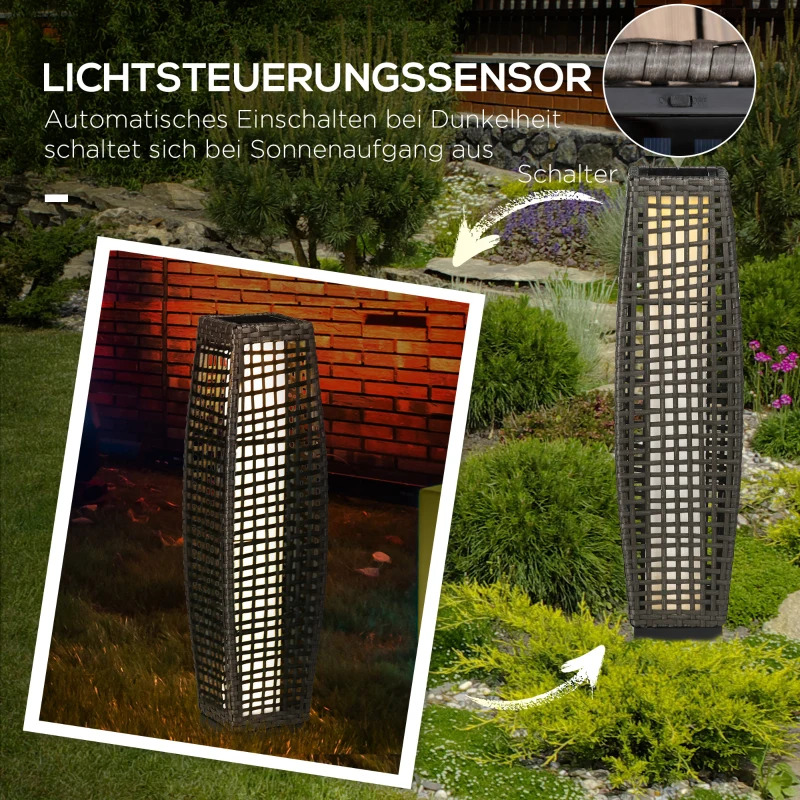Outsunny Solar Stehlampe Rattan Solarlampen mit Lichtsensor Automatische LED Solarleuchte im Boho-Stil IP44 Wasserdicht