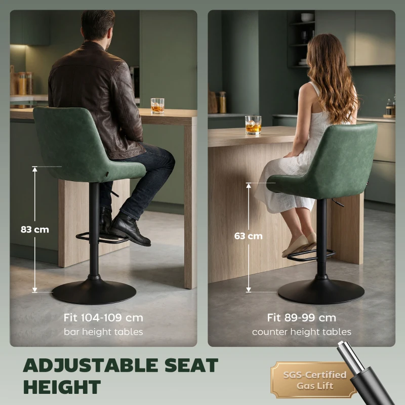 HOMCOM Retro Bar Stools Set of 2, Adjustable Kitchen Stool, Upholstered Bar Chairs with Back, Swivel Seat, Green