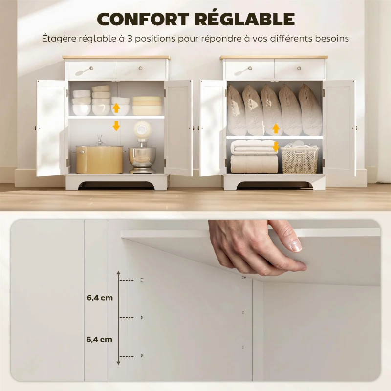 HOMCOM Meuble de rangement buffet salon avec placards à portes, 2 tiroirs et étagère réglable, armoire de rangement pour salon, cuisine, chambre, blanc et bois naturel