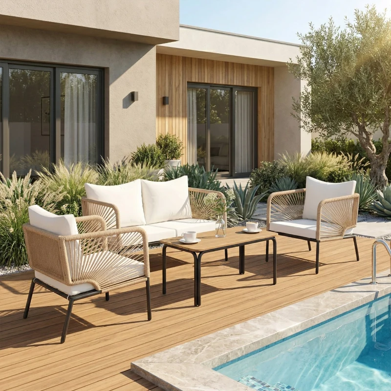 Outsunny Gartenmöbel Set Sitzgruppe für 4 Personen Gartenlounge mit 2er Sofa 2 Sessel Lamell-Tisch Seilflecht waschbar Sitzkissen