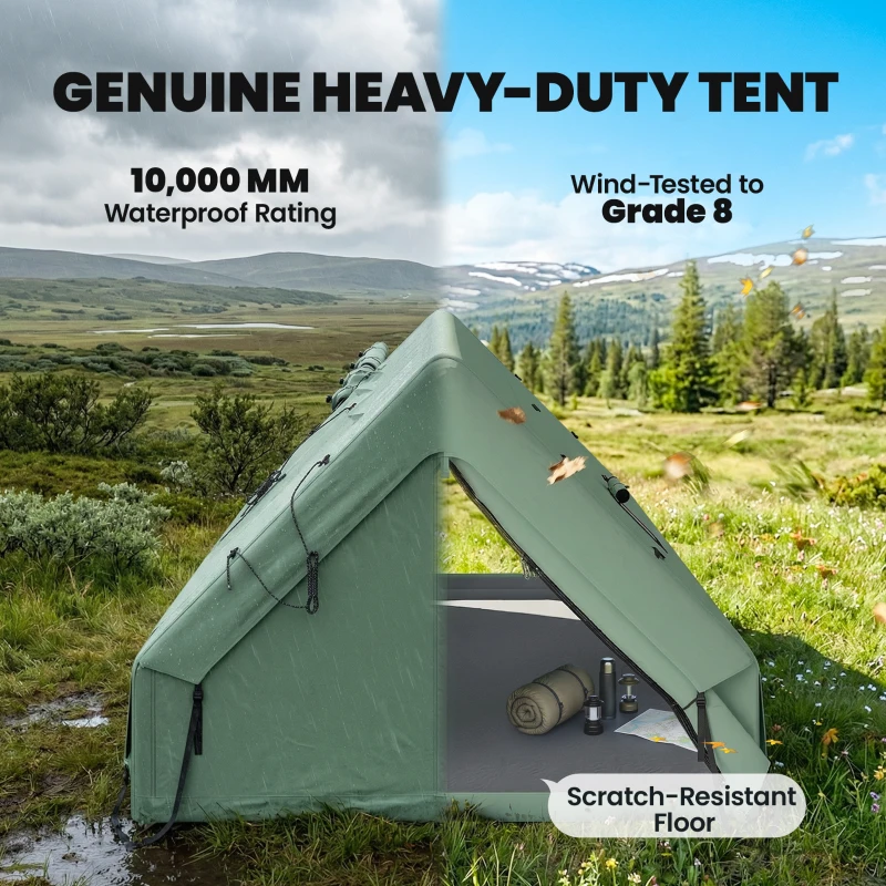 Outsunny Inflatable Camping Tent, 4 Season Hot Tent 10000mm Waterproof with Chimney Opening, Sky Light and Air Pump, Green
