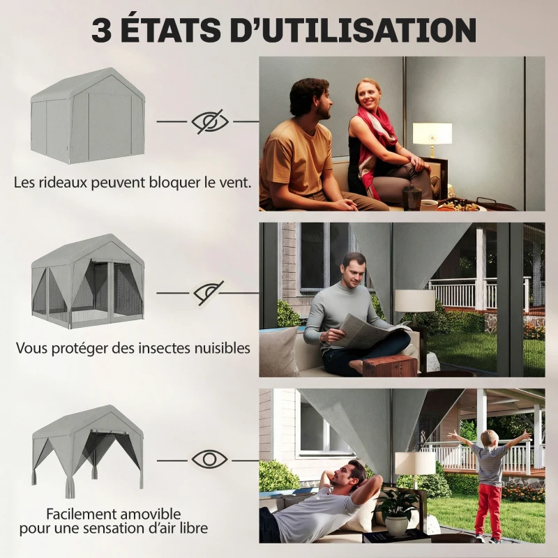 Outsunny Tonnelle de jardin pavillon de jardin hydrofuge structure robuste en acier galvanisé avec toit double pente 3x3m gris