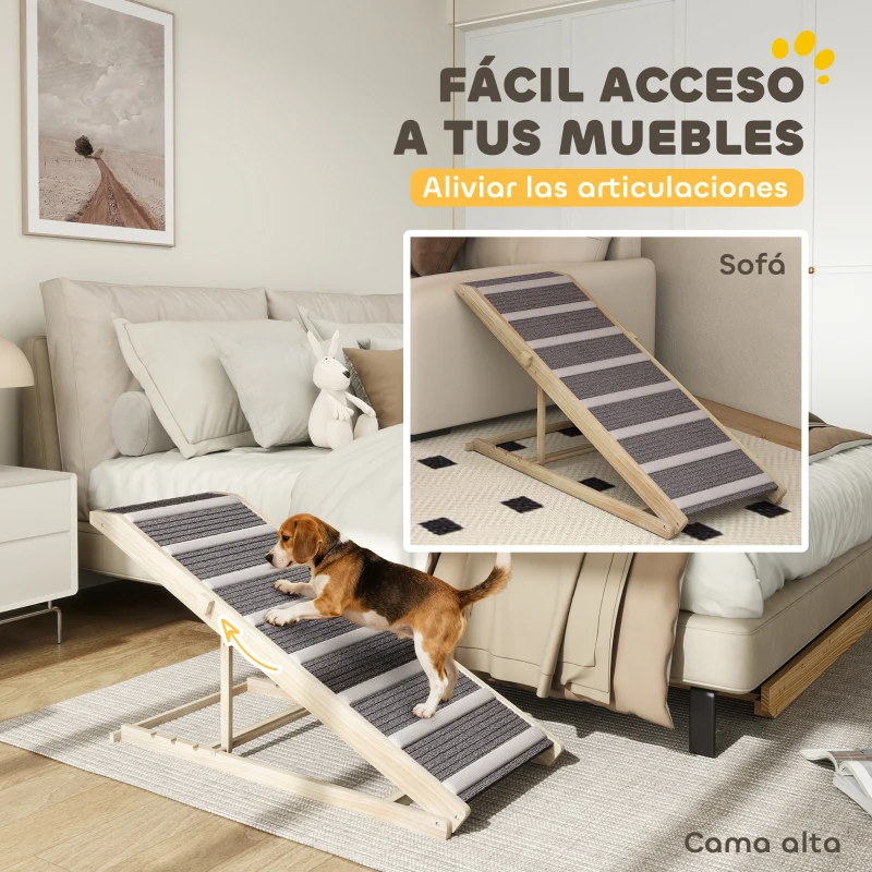 PawHut Rampa para Perros Plegable y Altura Ajustable 41-60 cm Rampa para Mascotas de Madera con Alfombrilla Antideslizante