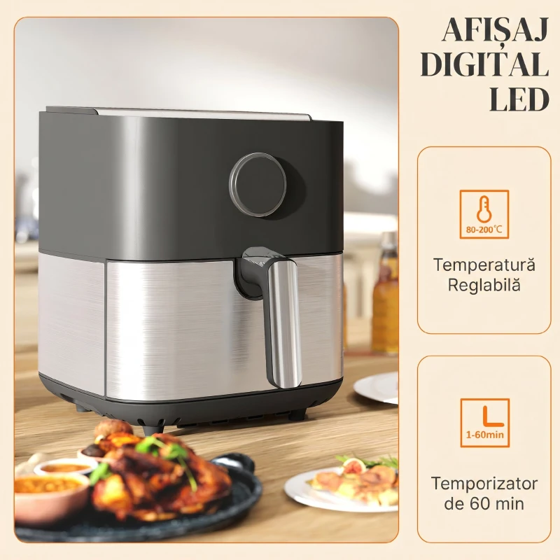 Frigider cu Aer HOMCOM de 8L, 1700W cu 8 Programe și Circulație de Aer Cald la 360°, Display LED, Negru