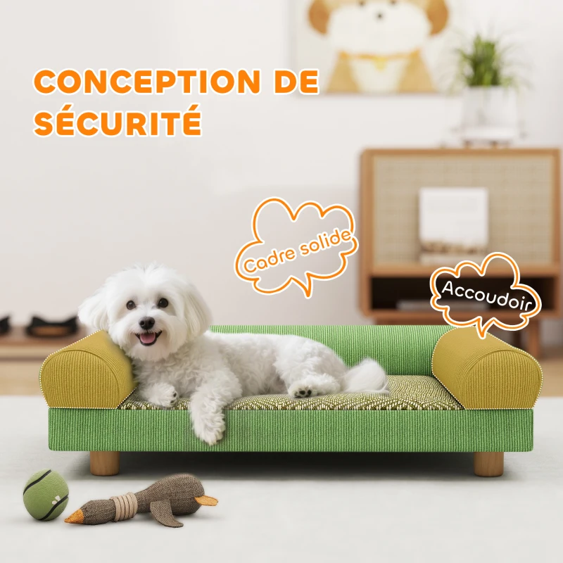 PawHut Canapé pour chien chat lit pour chien surélevé, assise de tapis frais, accoudoirs, en velours doux 63 x 41 x 17 cm, vert