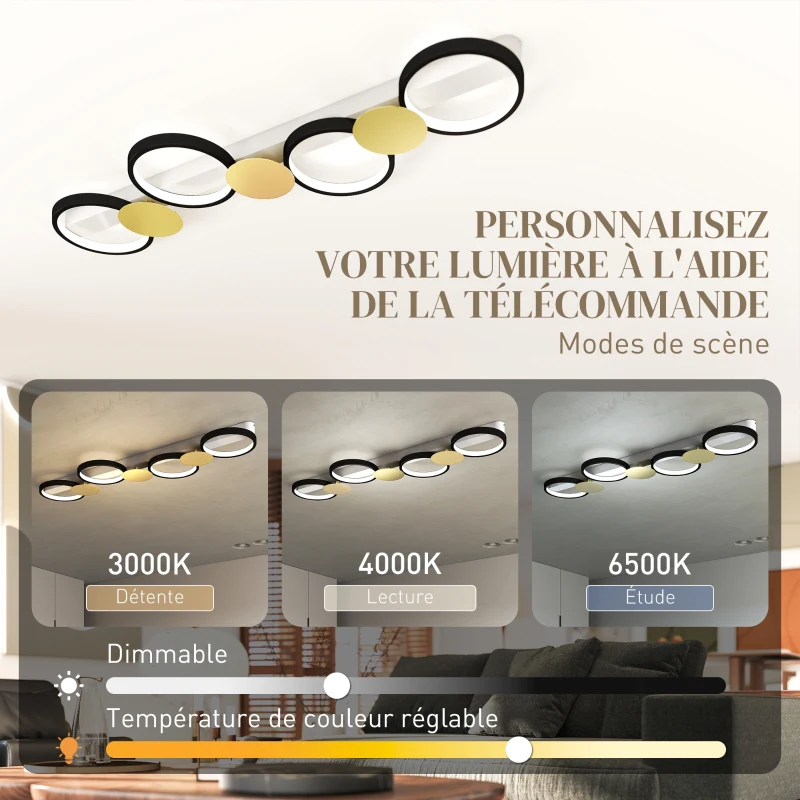 HOMCOM Plafonnier LED 38W, luminaire plafonnier 4 lumières à montage affleurant, télécommande, 100 x 31 x 7 cm, doré et noir