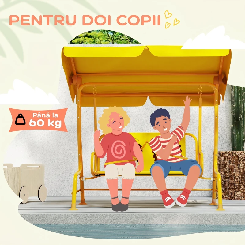 AIYAPLAY Leagăn de exterior pentru copii, cu 2 locuri, acoperiș reglabil și centuri de siguranță, 112x75x120 cm, galben