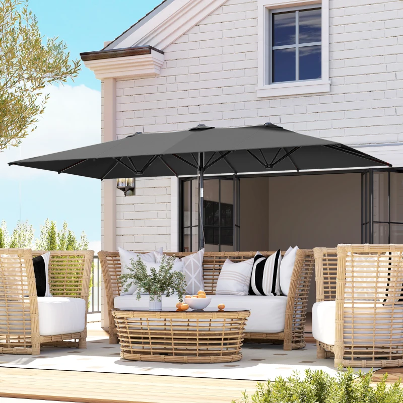 Outsunny Ombrellone Doppio Inclinabile e Regolabile con Cordicella, in Poliestere e Metallo, 150x295x170-214 cm, Grigio