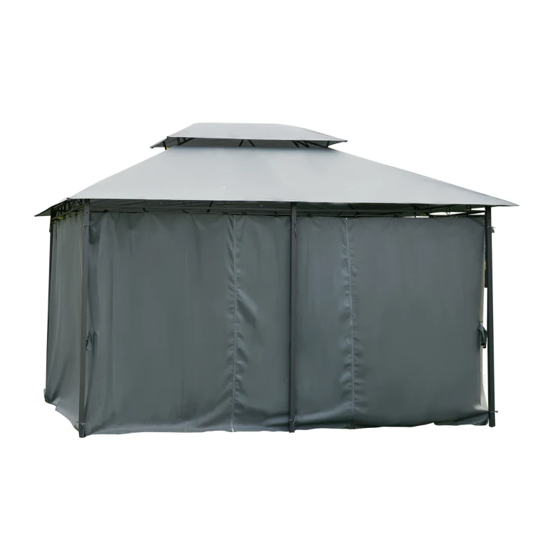 Outsunny 4m x 3(m)Garden Gazebo, Double Roof Outdoor Gazebo Canopy Shelter with Curtains, Solid Steel Frame for Patio, Garden, Grey