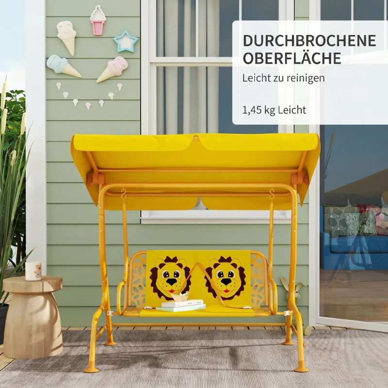 AIYAPLAY Leagăn de exterior pentru copii, cu 2 locuri, acoperiș reglabil și centuri de siguranță, 112x75x120 cm, galben