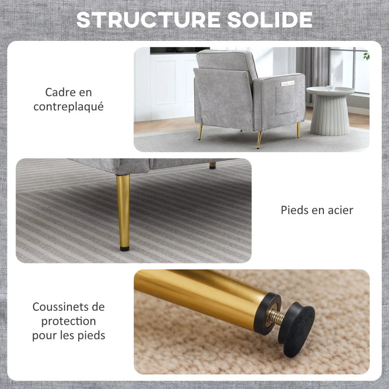 HOMCOM Fauteuil en tissu avec pieds en acier doré, grand confort, pochettes latérales, pour salon, bureau, chambre, gris