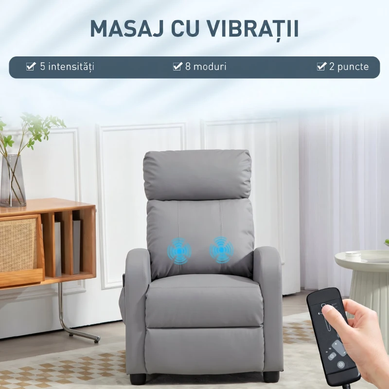 HOMCOM Fotoliu Relax Masaj cu Telecomandă și 8 Programe, Rabatabil și Suport pentru Picioare, Gri Deschis(m-4)