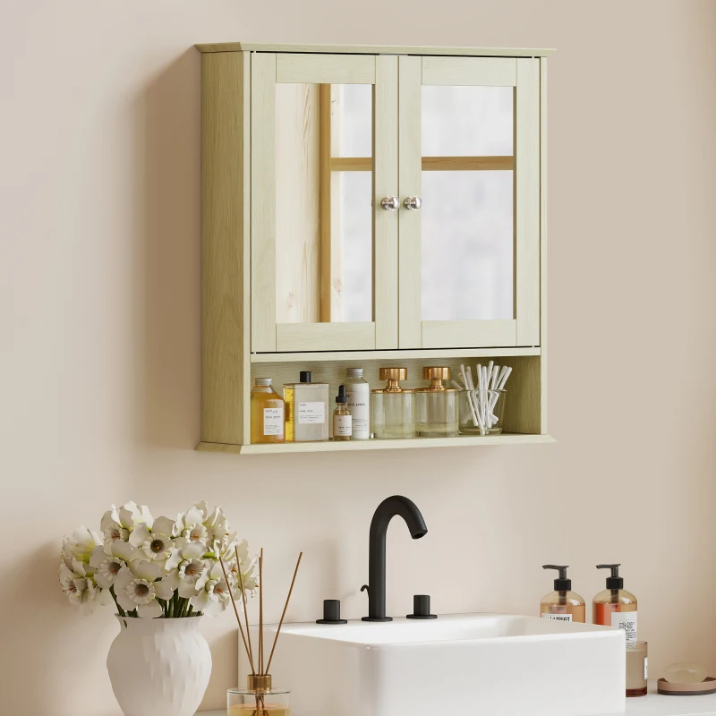 kleankin Armoire murale salle de bain avec miroir, 56 x 13 x 58 cm, meuble salle de bain avec Portes Miroir Doubles Bois Naturel