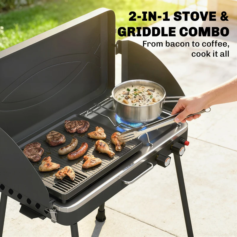 Outsunny Przenośny grill gazowy 2 palniki 7 kW 2-w-1 grill stołowy z funkcją pieczenia składane nogi ruszt osłona przeciwwiatrowa pokrywa zamek