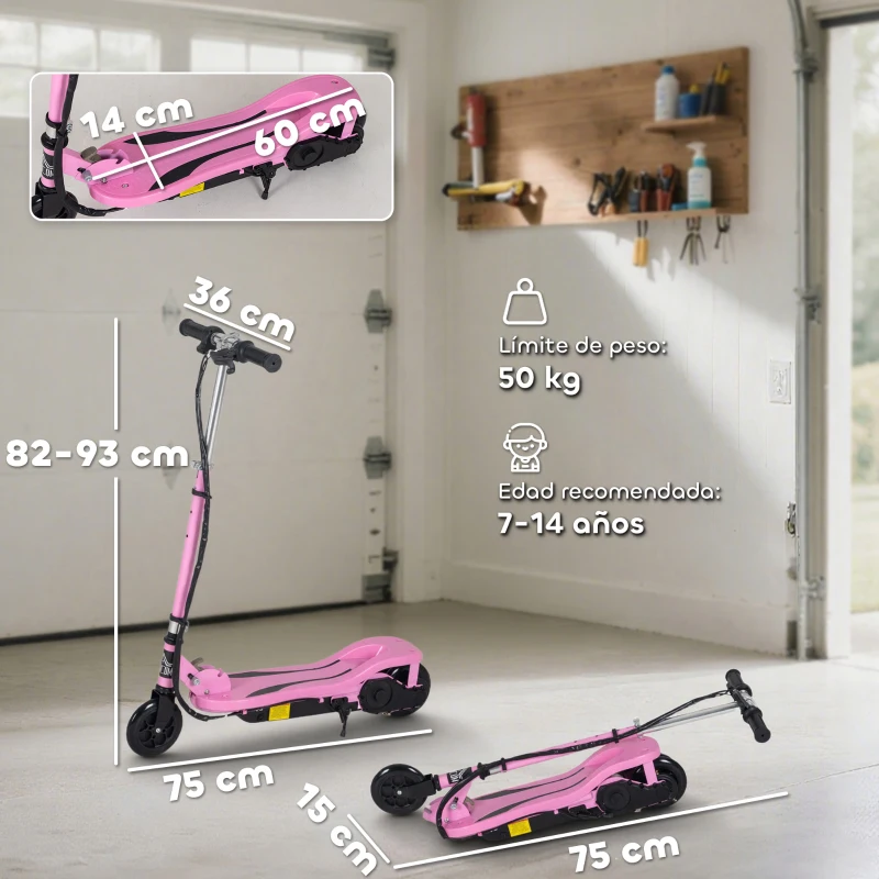 HOMCOM Patinete Eléctrico Plegable para Niños de 7-14 Años, Patinete Eléctrico con Velocidad Max. 12 km/h, Alcance de 8 km, Altura Ajustable, Freno de Mano, Rosa