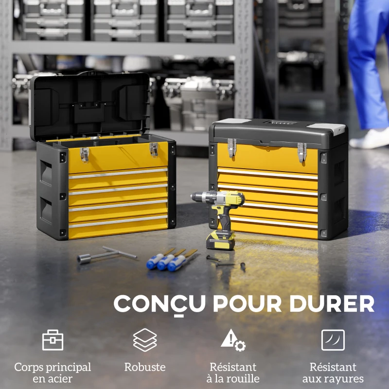 HOMCOM Boîte à outils à 4 tiroirs, caisse à outils en acier thermolaqué avec plateau amovible, 49,7x25,3x40,7cm, jaune